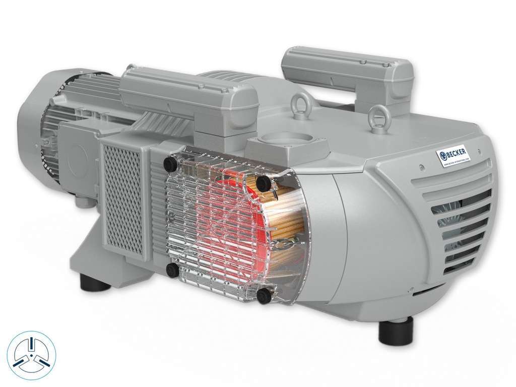 BOMBA DE VACÍO BECKER MOD. VTLF 2.500. EQUIPO DE VACÍO DE TRABAJO EN SECO SIN ACEITE. PROVISTO DE MOTOR ELÉCTRICO TRIFÁSICO DE 24.1 HP (18 kW), 208/230/460 volt + - 10 %, 60 HZ, 1175 RPM. VALVULA REGULADORA DE VACÍO, SILENCIOSO, FILTRO DE AIRE EN LA SUCCIÓN, ACOPLAMIENTO ELÁSTICO INCORPORADO. CAUDAL SIN CONTRAPRESIÓN 495 M3/H, VACÍO M´X.: 250 MBAR (ABS), TIPO DE AISLAMIENTO "F", CLASE DE PROTECCIÓN IP-55, PINTURA RAL 9007 ALUMINIO GRIS. | Becker Model VTLF 2.500/0-79 Rotary Vane Vacuum Pump and Motor. Capacity: 336 SCFM open flow. Maximum vacuum: 22.1" Hg. Description: Oil-less rotary vane vacuum pump with carbon vanes, built-in suction filter with clear  cover, integrated check valve, vacuum regulating valve, blow-off valve/silencer, 4" BSP x 4" NPT  nipple, and coupled to a 24.1 HP (18 kW), 208/230/460 volt, 3 phase, 60 Hz., TEFC motor. Part Number: G051430